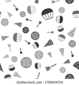 Set Muffin , Spatula , Slice of pizza  and Cracker biscuit  on seamless pattern. Vector