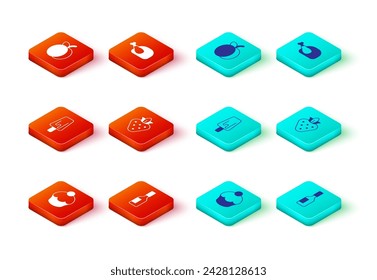 Set Muffin, Tabasco sauce, Ice cream, Strawberry, Roasted turkey or chicken and Plum fruit icon. Vector