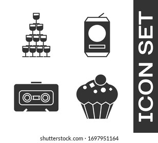 Set Muffin , Wine glasses stacked in a pyramid tower , Retro audio cassette tape  and Beer can  icon. Vector