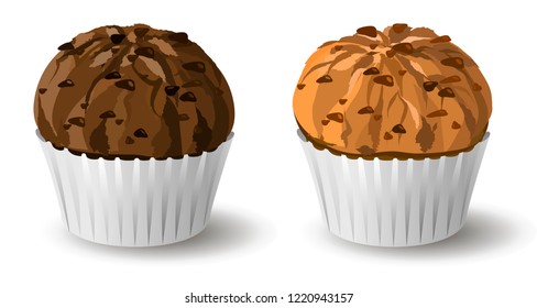 Set of muffins with chocolate crumbs. Vector illustration.