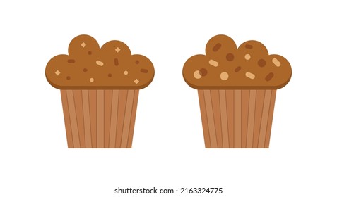 Set of muffins color vector icons with chocolate. Flat cupcakes illustration. Cake desserts design. 