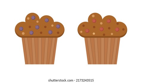 Set of muffins color vector icons with berry. Flat cupcakes illustration. Cake desserts design.