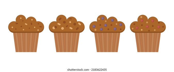 Set of muffins color vector icons with chocolate and berry. Flat cupcakes illustration. Cake desserts design. 