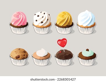 Conjunto de muffins con diferentes puntas. Pasteles de cumpleaños y muffin con forma de corazón para el día de San Valentín. Para postales, pegatinas, impresiones, afiches, decoraciones, etiquetas, tela.