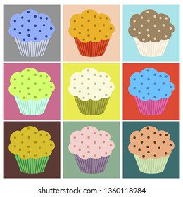 Set of muffins with different toppings. Vector illustration.