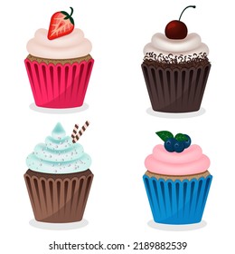 Set of muffins with friuits and sweets isolated on white background. Cute and tasty cupcakes for breakfast or lunch with coffe or tea for restaurant menu. Vector illustration.