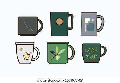 Set of mug, beverage drinking, mug in flat vector illustration, coffee cups collection