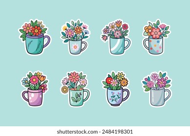 Conjunto de taza con colección de pegatinas de flores delicadas con motivos florales. Pegatinas florales. Ilustración vectorial