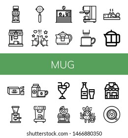 Set of mug icons such as Coffee grinder, Coffee maker, Portafilter, Beer, Coffee shop, Teapot, cup, Cupping, French press, Tea bag, machine, Cosmopolitan, Donut shop , mug