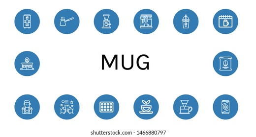 Set of mug icons such as Coffee machine, Cezve, Coffee grinder, Coffee maker, Smoothie, Oktoberfest, Barista, Beer, Beer box, Herbal tea, Dripper, Cold Donut shop , mug