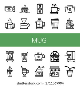 Set of mug icons. Such as Tea bag, Sippy cup, Coffee shop, Dripper, Coffee machine, French press, Cup, Paper cup, Donut shop, Smoothie, Cold coffee, Latte, , mug icons