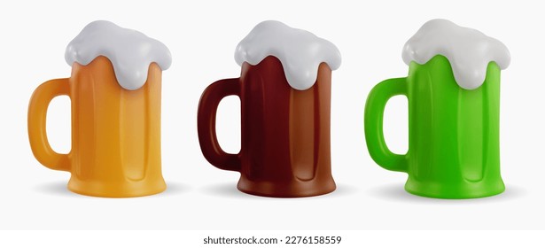 Set mug of yellow, dark and green beer isolated on white background. 3d cartoon vivid illustration in realistic minimal style. Collection bright modern vector graphic element.