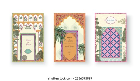 Set of Mughal Wedding Card Design.  Invitation card set for printing vector illustration.