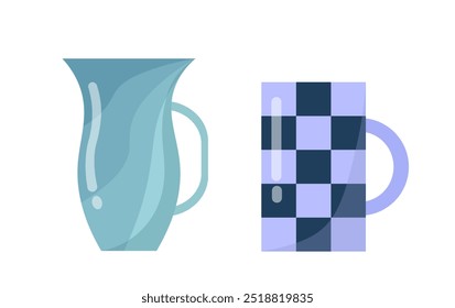 Set of mugs. Blue and checkered cups for tea or coffee. Ceramic tableware, dishware and kitchen utensil. Hot drink. Poster or banner. Flat vector collection isolated on white background