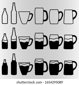 A set of mugs and bottles of beer with different amounts of alcohol. Set for bars and restaurants. Vector illustration.