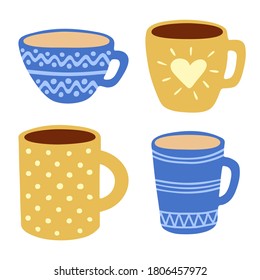 Set of mugs with coffee. Hot drink cups. Hand drawn cute drawing in the style of hygge. Vector illustration.