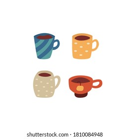 Set of mugs with coffee and tea. Tea bag. Cozy mood. Colorful cartoon vector isolated illustration on white background