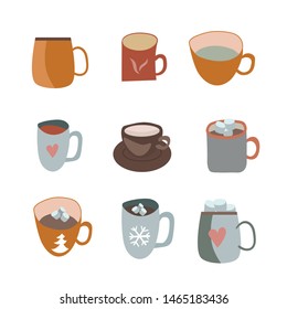 A set of mugs for coffee, tea or hot chocolate, with prints and marshmallows. In a cozy Scandinavian style. Can be used for stickers, cards, avatars. Vector illustration.