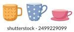 set of mugs and cup, tea or coffee, beverages, different mugs, kitchenware, tableware, decoration, design element, flat vector illustration