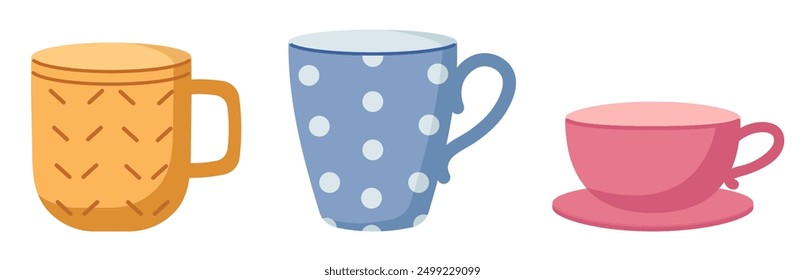 Conjunto de tazas y taza, té o café, bebidas, diferentes tazas, utensilios de cocina, vajilla, decoración, elemento de diseño, Ilustración vectorial plana