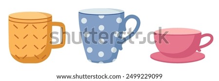 set of mugs and cup, tea or coffee, beverages, different mugs, kitchenware, tableware, decoration, design element, flat vector illustration