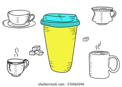 a set of mugs and cups. a glass of coffee. tea. sugar for tea