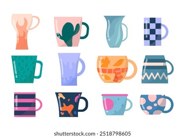 Set of mugs. Cups with hot drinks for house. Tea ceremony at home. Dishware and kitchen utensil. Ceramics crockery and teacup. Flat vector collection isolated on white background