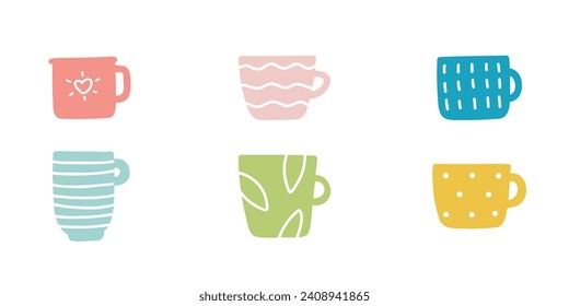 Set of mugs cups isolated vector icons in different colors on white background. Cute flat design elements illustrations.