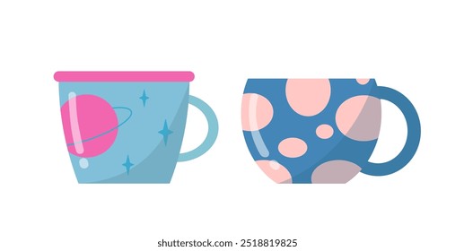 Conjunto de tazas. Tazas para té o café con patrones abstractos azules. Vajilla, vajilla y utensilios de cocina de cerámica. Bebida caliente. Plantilla y maquetación. Colección plana del Vector aislada en el fondo blanco