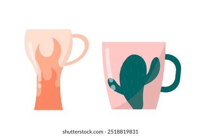 Conjunto de tazas. Tazas para té o café con fuego y cactus. Vajilla, vajilla y utensilios de cocina de cerámica. Bebida caliente. Comodidad y comodidad. Colección plana del Vector aislada en el fondo blanco