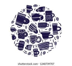 Set of mugs with decoration.  Vector circle composition of coffee cups. Vector illustration.