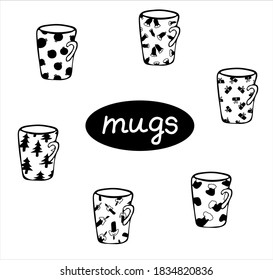 A set of mugs with different patterns. New Year. Christmas. Vector illustration