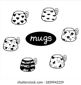 A set of mugs with different patterns. Valentine's Day. Vector illustration