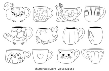 A set of mugs of different sizes and shapes. Cups in the shape of animals: snail, whale, turtle, cat, penguin, llama. Cup-pumpkin. Vector illustration in doodle style.