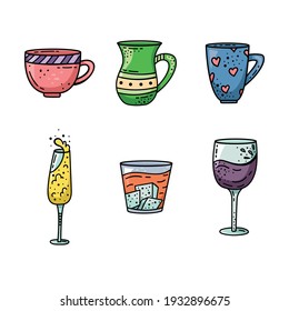 A set of mugs in doodle style. Coffee cup, tea mug, wine glass, champagne glass, whiskey and brandy glass.