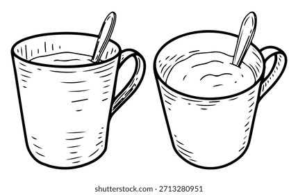 Conjunto de tazas con bebidas. Dibujar Vector dibujado a mano. Taza llena de líquido. Té caliente, café o cacao. Cucharadita adentro. Utensilios de cocina de cerámica. Vajilla. Ilustración de arte gráfico grabado.