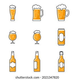 Conjunto de tazas, gafas y botellas para la cerveza aisladas en un fondo blanco. Ilustración vectorial plana.