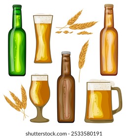 Set mugs and glasses with foaming drink, ingredients for brewing. Vector designs for use in banner,poster,card,invitation. Oktoberfest.