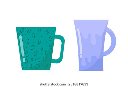 Conjunto de tazas. Tazas verdes y violetas para té o café. Vajilla, vajilla y utensilios de cocina de cerámica. Bebida caliente. Plantilla y maquetación. Colección plana del Vector aislada en el fondo blanco