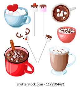 Set of mugs with hot chocolate and marshmallow. Cocoa with cinnamon. Cacao with zephyr on a stick. Red heart in a blue cup. Vector illustration in a cartoon style. Isolated object on white background.