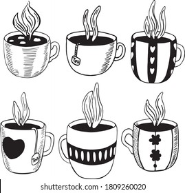 Set of mugs with hot drinks. Cup of hot tea, coffee, cocoa. Autumn collection of mugs. Vector. Simple drawing. Hand drawn