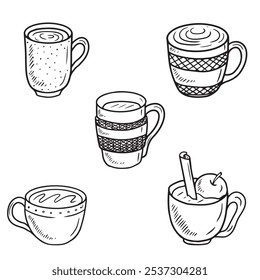 Set of mugs with hot drinks holding in hand. Hand drawn vector sketch illustration in doodle engraved vintage line art style. Cold weather warm drinks, tea, cocoa, coffee with cream, cocktail