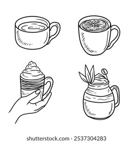 Set of mugs with hot drinks holding in hand. Hand drawn vector sketch illustration in doodle engraved vintage line art style. Cold weather warm drinks, tea, cocoa, coffee with cream, cocktail