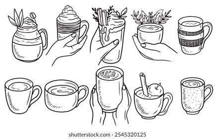 Set of mugs with hot drinks holding in hand. Hand drawn vector sketch illustration in doodle engraved vintage line art style. Cold weather warm drinks, tea, cocoa, coffee with cream, cocktail