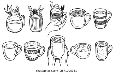 Set of mugs with hot drinks holding in hand. Hand drawn vector sketch illustration in doodle engraved vintage line art style. Cold weather warm drinks, tea, cocoa, coffee with cream, cocktail