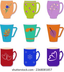 Set of mugs isolated on a white background. Tableware design. Vector illustration