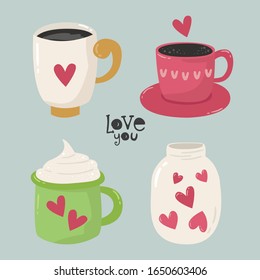 Set of mugs for lovers. Vector illustration for your design.