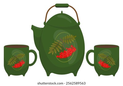 Set of mugs and a pot-bellied teapot on legs decorated with rowan berry clusters. Vector illustration for a poster, greeting card or invitation, labels or tags