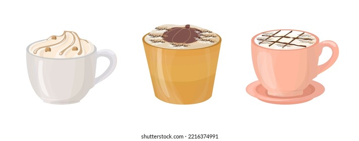 Set of mugs with pumpkin coffee drink, caramel and whipped cream. Autumn postcard design.