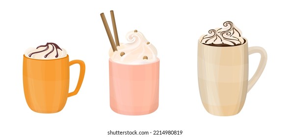 Eine Reihe von Bechern mit Kürbislatte und Peitschencreme. Herbstpostkartendesign.